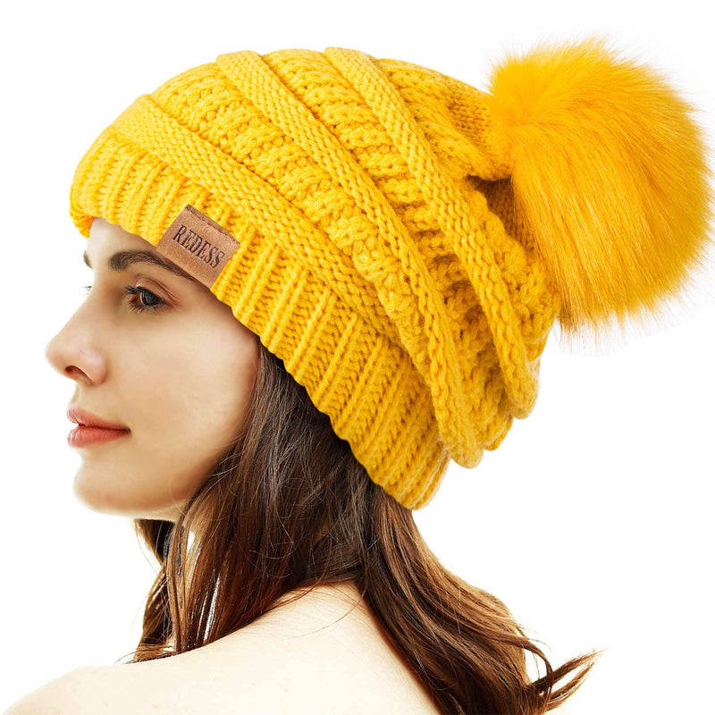 REDESS Women Winter Pom Pom Beanie Hat with Warm Fleece Lined, Yellow - Image 1